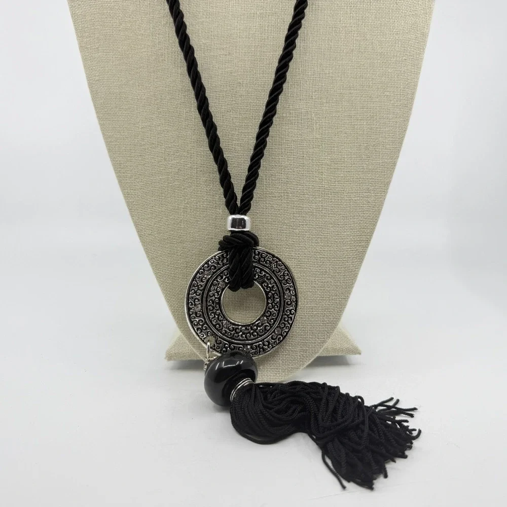 Necklace Vintage Black Cord Tassel Silver Tone Rhinestone Circle Pendant Boho